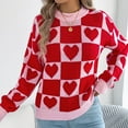 thumbnail image 5 of Aueoeo Women's Long Sleeve Sweaters Color Contrast Plaid Heart-Shaped Round Neck Pullover Fashionable Sweater, 5 of 8