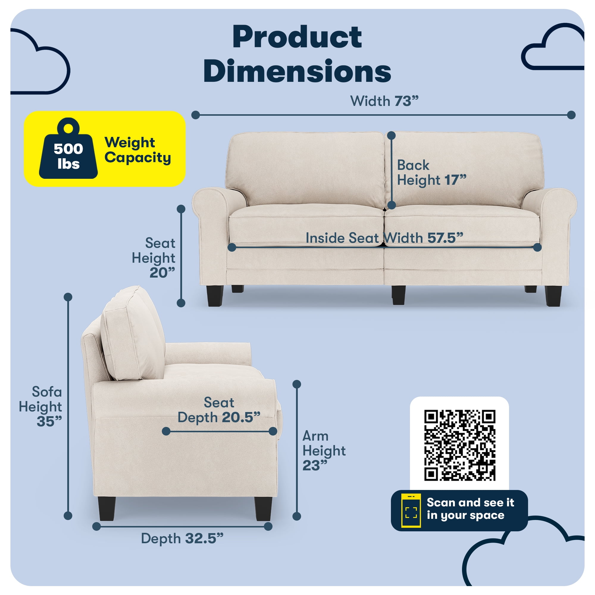 Serta Copenhagen 73" Rolled Arm Sofa, Easy Care Polyester, Loveseat or Couch for Small Spaces, Cream White