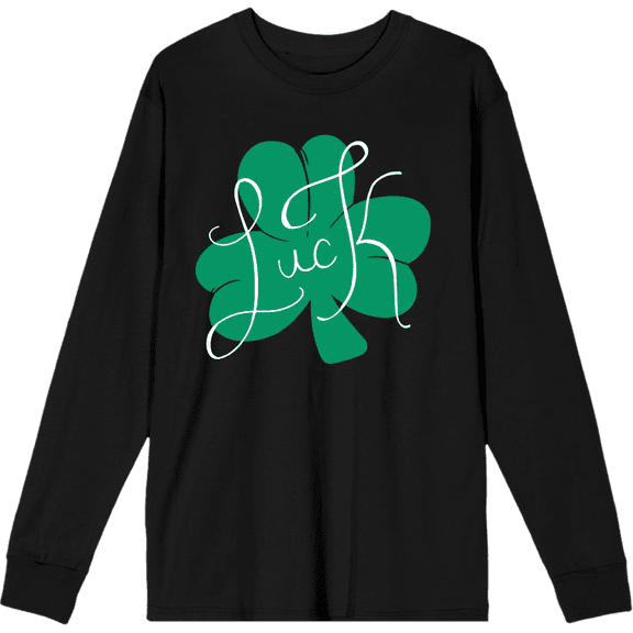 St Pats Luck Clover Crew Neck Long Sleeve Adult Tee-Medium-Black