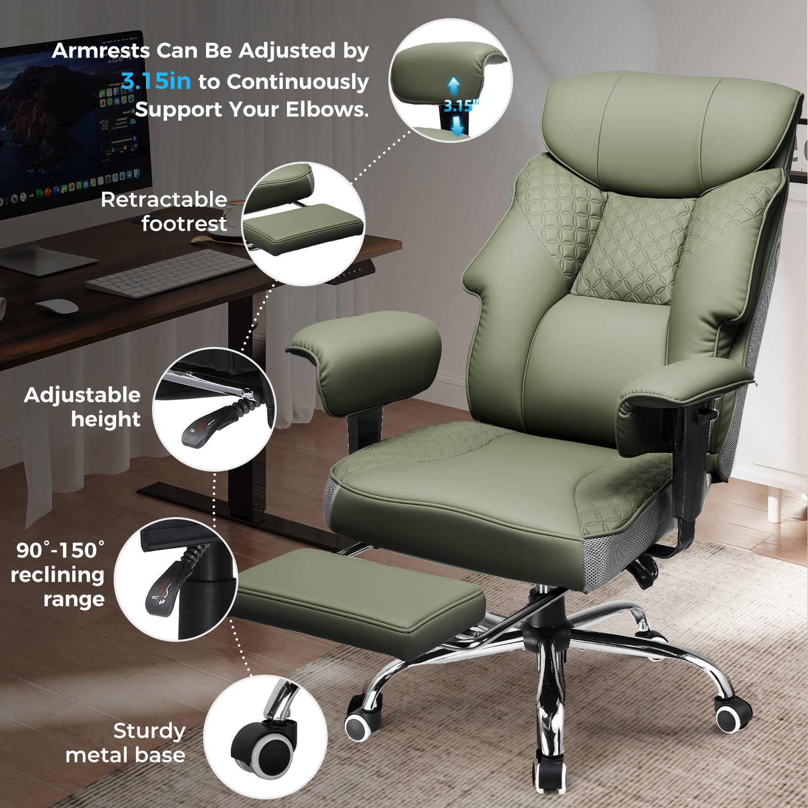 CloudRest Pro 400lbs Executive heavy duty office chair, High Back Ergonomic Computer Desk Chairwith Lumbar Back Support,Green