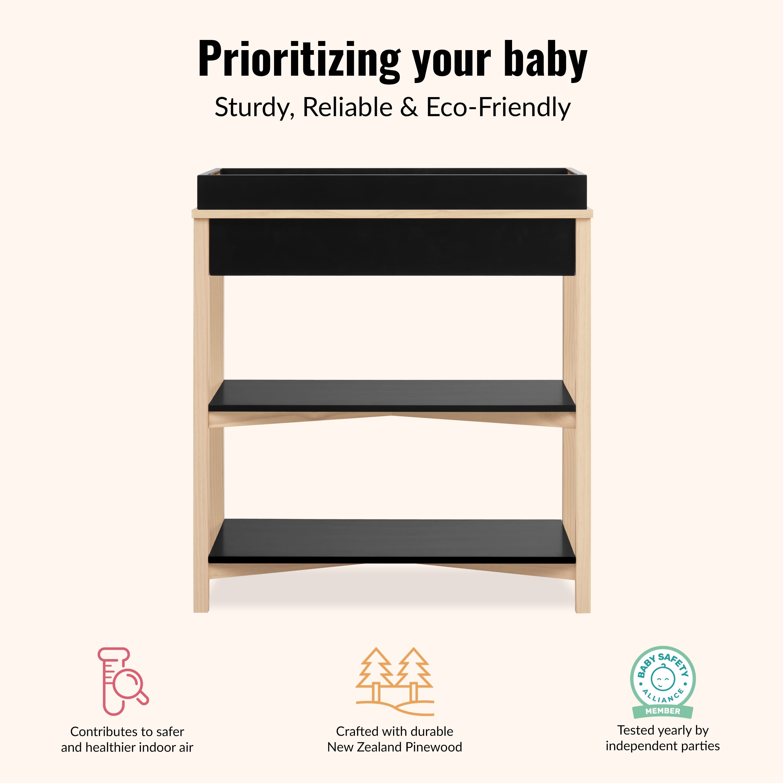 Dream On Me Owen Changing Table in Matte Black Vintage Oak, JPMA Certified, with two bottom shelves for storage