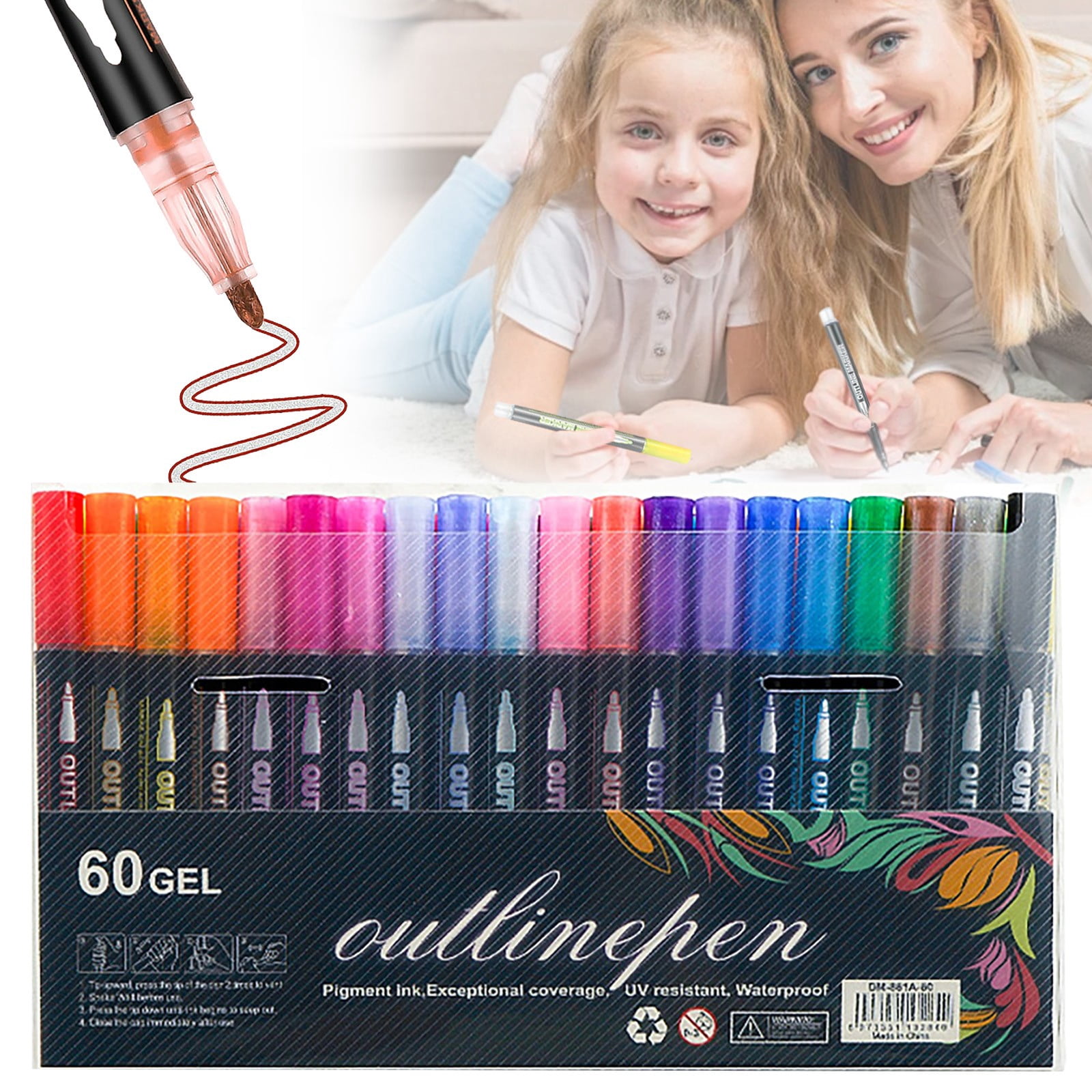 Dreamy Line Pen Set with Metallic Outline, 60 Colors Double Line Outline Art Pens, Quick-Dry Ink Drawing Pens for Coloring Diy Crafts Scrapbooking, 1 Box of Pens