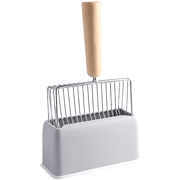 Gray Metal Cat Litter Scoop Set with Holder Stand, 11 in Long Handle, 6.7 in Wide Shovel, Rustproof Cat Litter Sifter with ABS Base and Wooden Grip