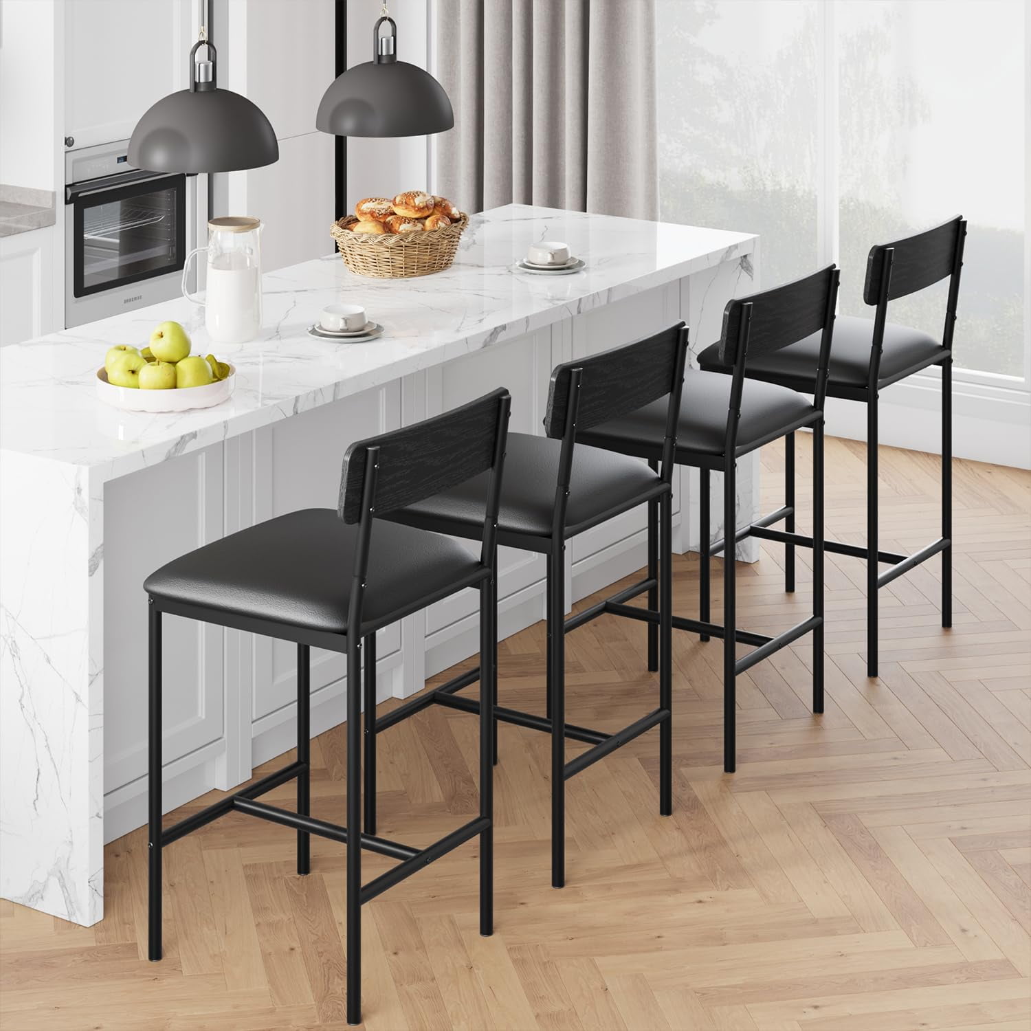 Fanciabor Counter Height Bar Stools with Back and Footrest, PU Upholstered, Rustic Black (Set of 2)