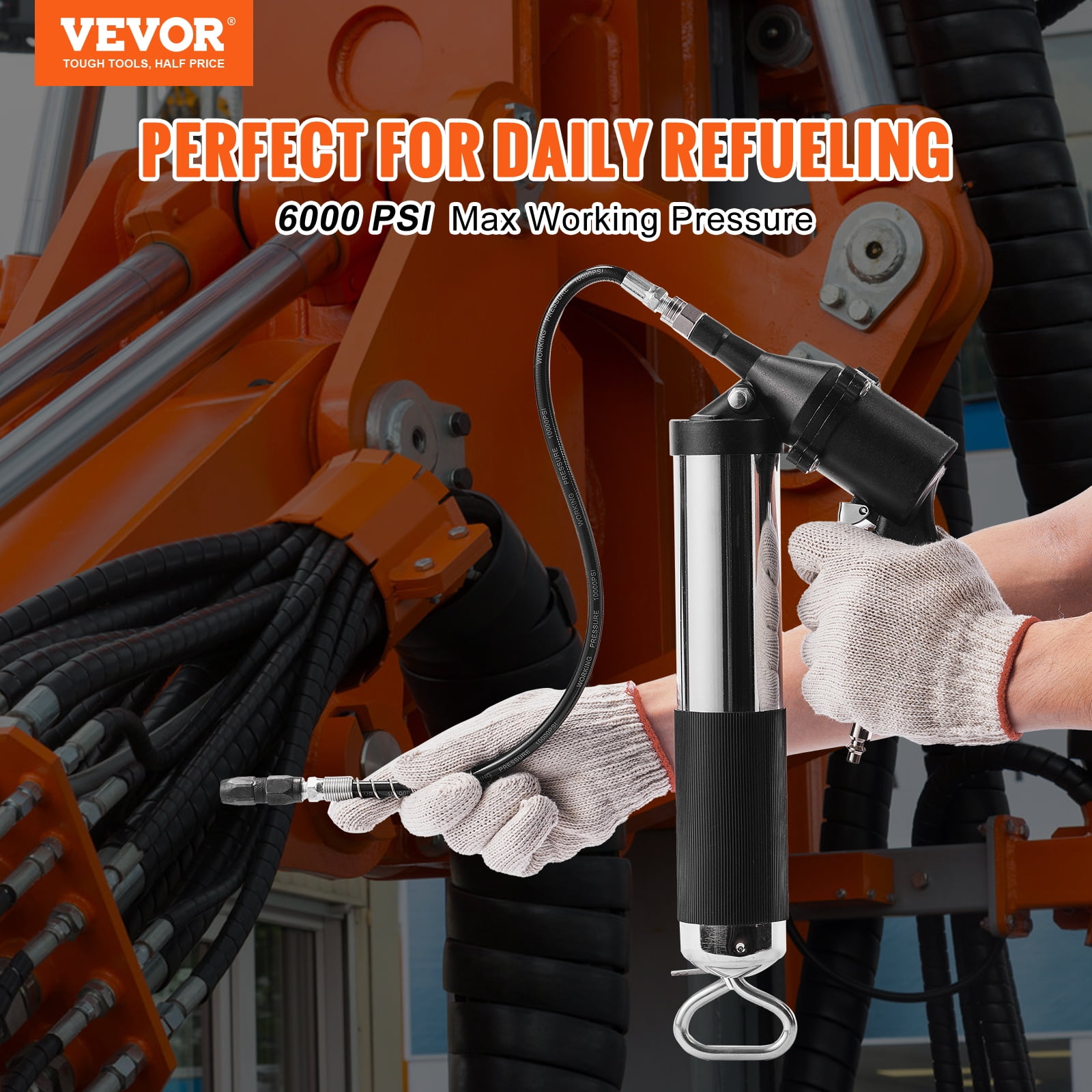 VEVOR Air Operated Grease Gun, 6000PSI, 14 OZ/400 CC Capacity Heavy Duty Pneumatic Grease Gun, with 18.5 Inch Flexible Hose,1 Black Flat Coupler Pointed Coupler Bent Metal Pipe Locking Clamp Coupler