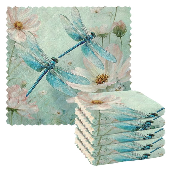 6 Pieces of Kitchen Towels 11x11Inch Kitchen Dish Cloths Kitchen Dish Towels Reuseable Cleaning Cloths Dragonflies Blue Tones