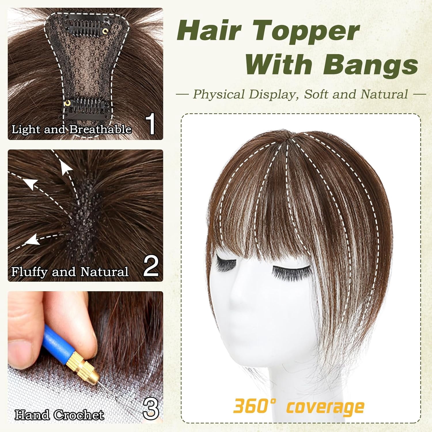 The Hair Clip 100% Real Human Hair Toppers 360°3D Cover Clip in Bangs Hair pieces Wispy Bangs for Women Hair Extensions Clip on French Bangs for Daily Wear
