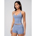 thumbnail image 6 of IBTOM CASTLE 2 Piece Workout Sets for Women Shorts Yoga Pilates Outfits Striped Backless Halter Padded Tank Top With High Waist Fold-over Biker Shorts Blue, 6 of 7