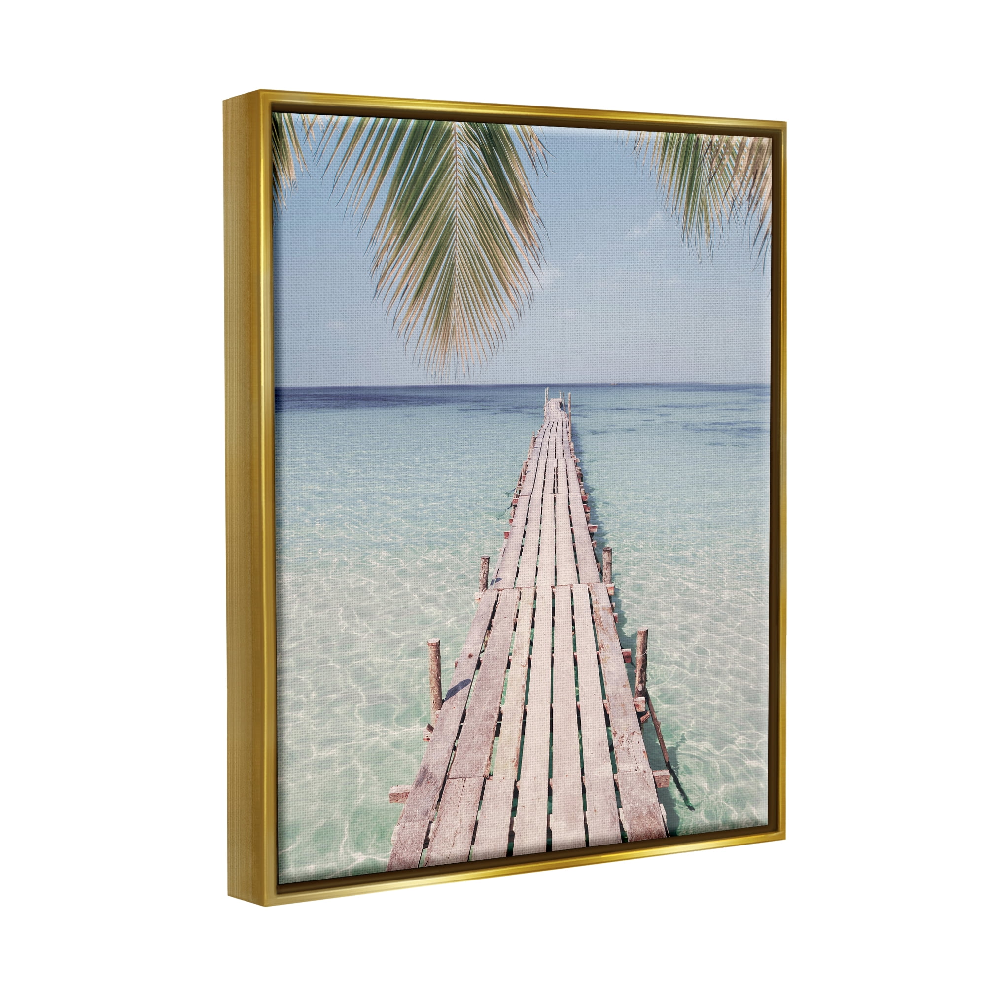 Stupell Industries Tropical Dock on Beach Nature Photography Gold Floater Framed Art Print Wall Art, 25 x 31