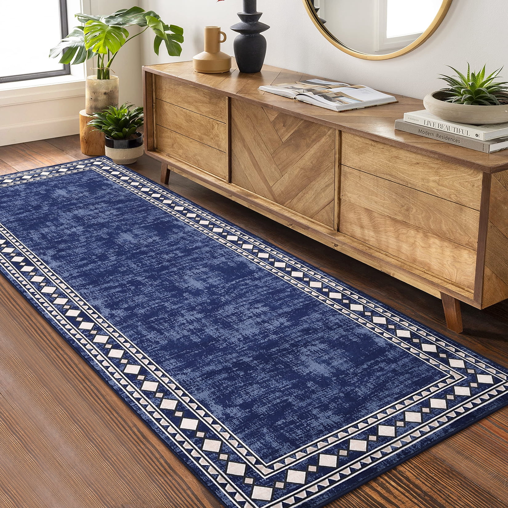 Hasoo 2' x 6' Washable Hallway Runner Rug Soft Kitchen Runner Rug Stain Resistant Rug for Bedroom Laundry Navy