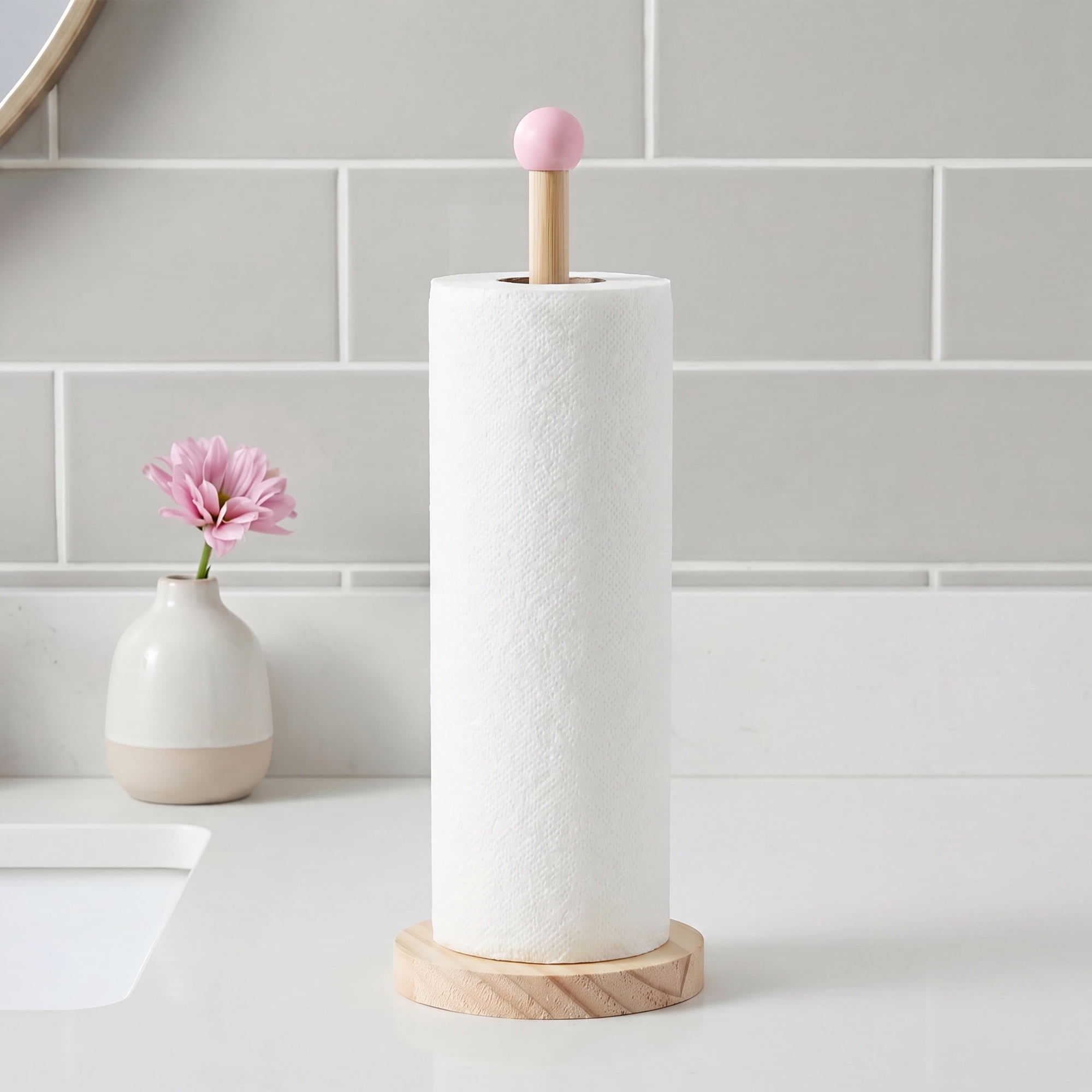 Unique Bargains Paper Towel Holder Wood Kitchen Decor for Bathroom Pink 10.4x3.1inch