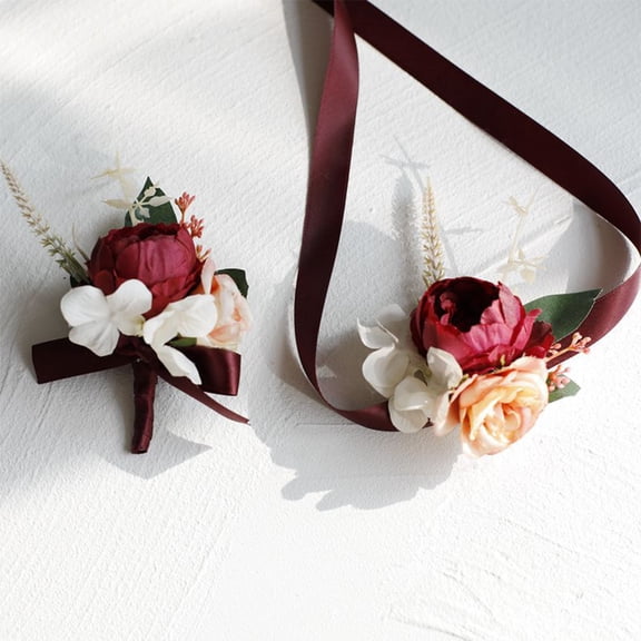 Wrist Corsage and Boutonniere Set, Artificial Rose Flower Wristlet for Wedding Bridesmaid Prom Bridal Shower Party Decor