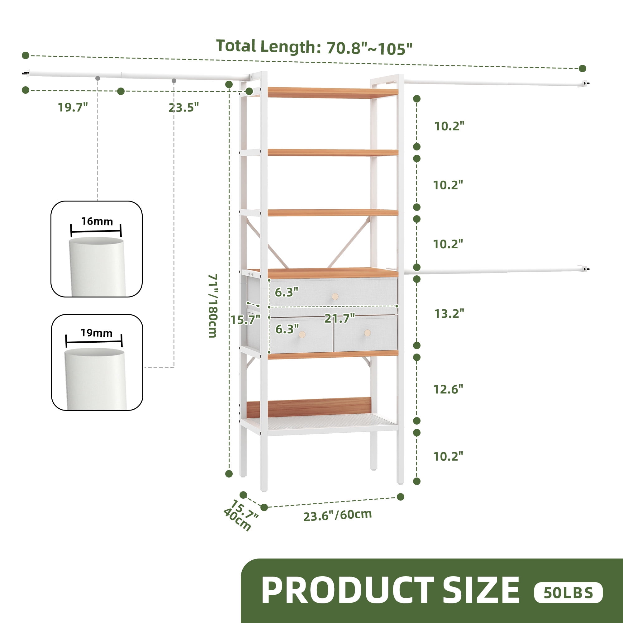 Uforic Closet System,Clothes Rack with 3 Drawers, Heavy Duty Garment Rack for Cloakroom Bedroom, White