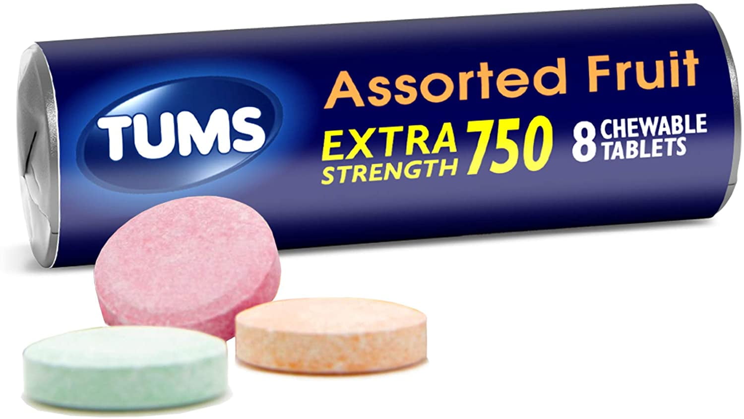 Tums Extra Strength 750, Assorted Fruit Flavors, Roll of 8 Chewable Tablets (Pack of 12)