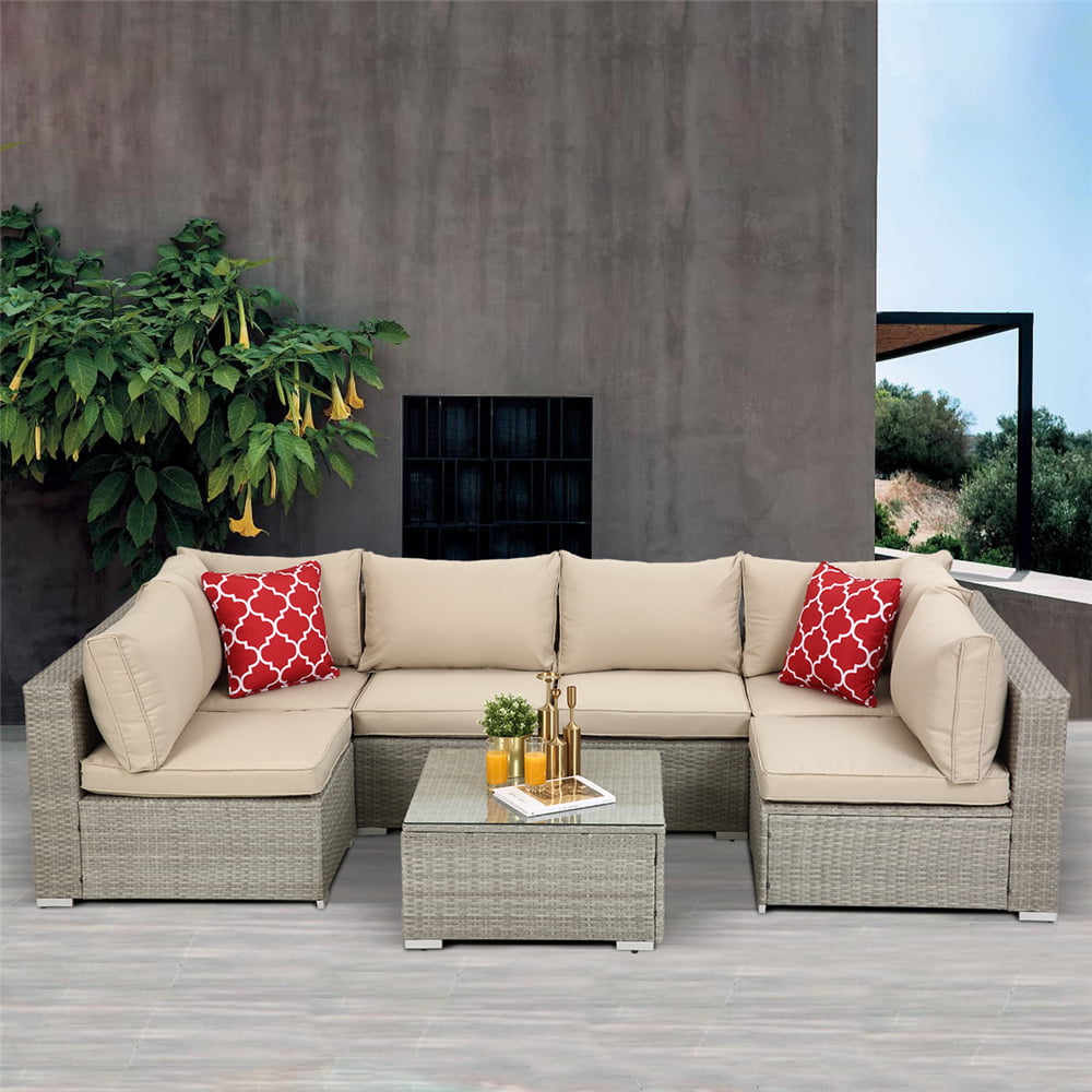 Details about   1 PC Patio Furniture Couch Wicker Rattan Corner Sofa /w Red Pillows Livingroom 