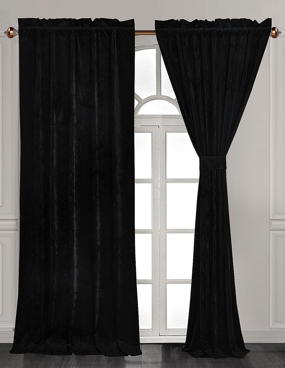 Chezmoi Collection Lux Black Crushed Velvet Curtains 2 Panel Set, Room Darkening Luxury Distressed Velvet Rod Pocket Window Drapes for Living Room Bedroom 50" W x 96" L