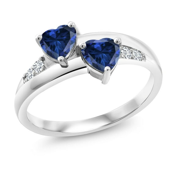 Gem Stone King 1.30 Cttw Blue Created Sapphire and White Lab Grown Diamond Ring for Women | 925 Sterling Silver | 5MM Heart Shape | Wedding Engagement Anniversary Promise Ring for Women | Size 6