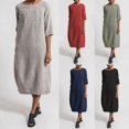 thumbnail image 2 of OUSITAID Vintage Été Femmes Couleur Unie O Cou Demi Manches Lin Doux Robe Midi en Vrac, 2 of 8