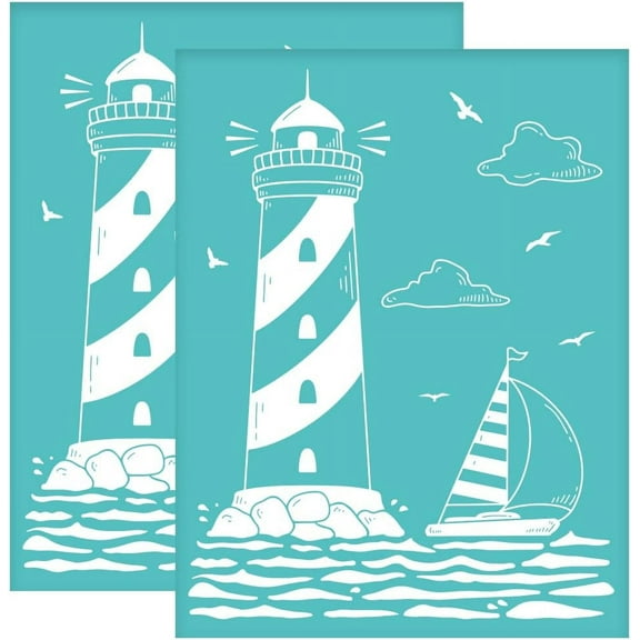 2pcs 8.6x11 Inch Self-Adhesive Silk Screen Stencils Lighthouse Sailboats Reusable Silkscreen Printing Stencils Seagulls Cloud Sea Mesh Transfer