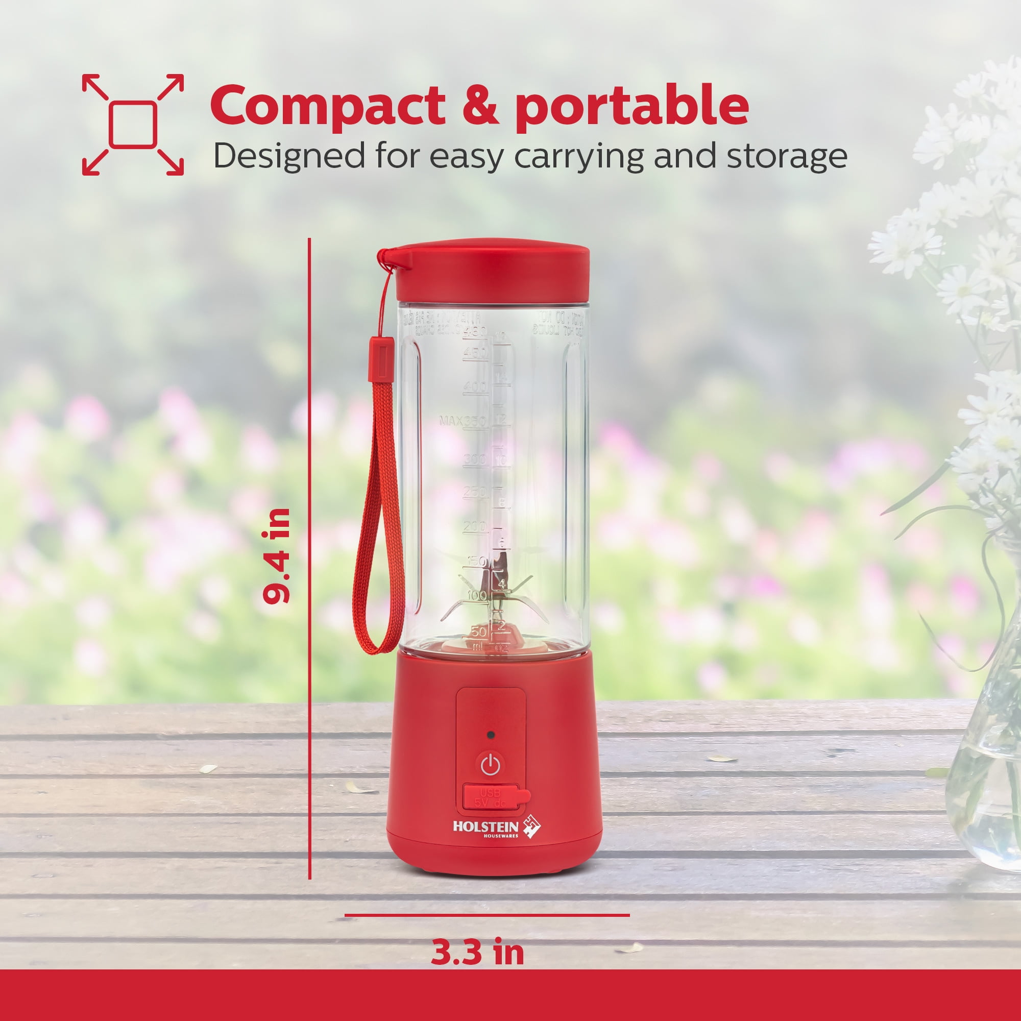 Holstein Housewares Red USB Portable Blender, 16oz, Rechargeable with Type-C Charging, Spill-Proof Lid