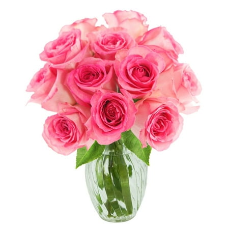 KaBloom: Fresh Flowers - Bouquet of 12 Pink Roses in a Glass Vase