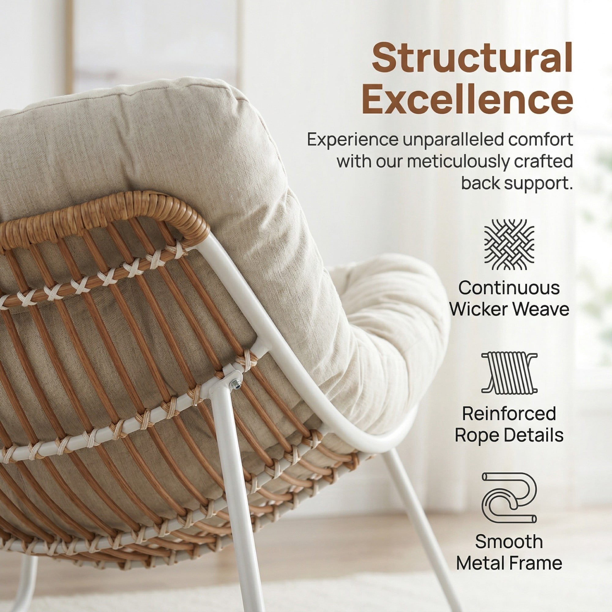Outdoor Papasan Rocking Chair Oversized, Rattan Egg Rocker Chair with Padded Cushion, 400lbs Patio Wicker Rocking Chair for Living Room Porch Backyard, Beige