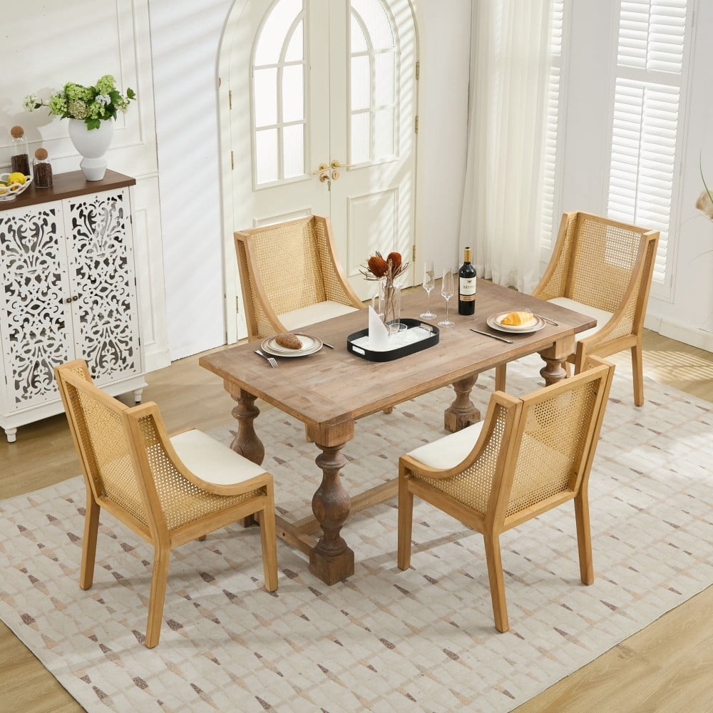 Rattan Dining Chair with Arms, Solid Wood Frame, Linen Upholstered Seat, Rustic Farmhouse Side Chair for Kitchen, Dining Room, Living Room, Beige