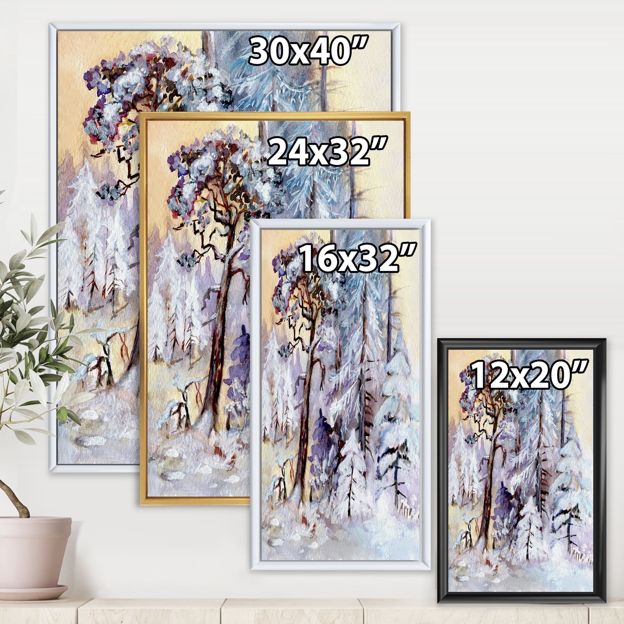 Designart 'The Lake With Winter Snowy Forest' Lake House Framed Canvas Wall Art Print