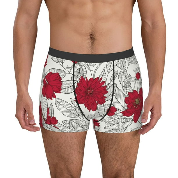 Balery Leaves And Anemone Flowers In Red Grey Calzoncillos bóxer para hombre, ropa interior de algodón suave y transpirable con cinturilla de nailon-Medium