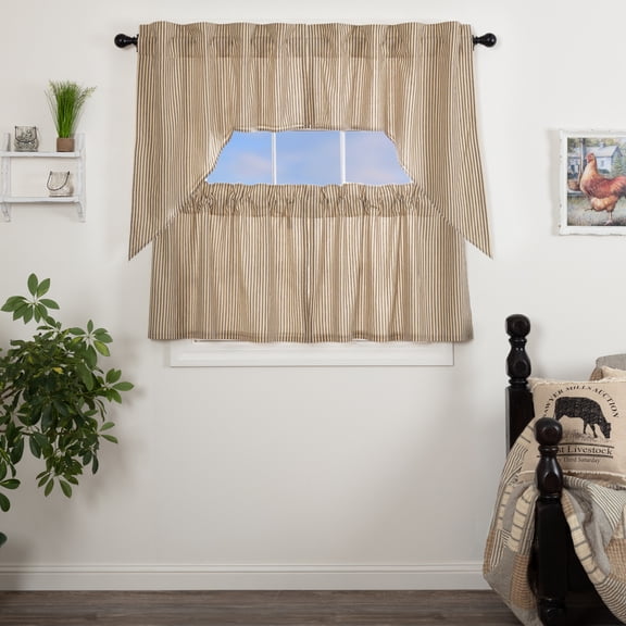 VHC Brands Sawyer Mill Charcoal 4 PC Ticking Stripe Curtain Set (2 Swag 36x16 and 2 Tier 24x36)