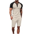 thumbnail image 1 of Pantalones de los Hombres Cintura Elástica, Color Casual Bloqueado, Manga Corta Cuello Redondo Bolsillo Shorts Conjunto, 1 of 9
