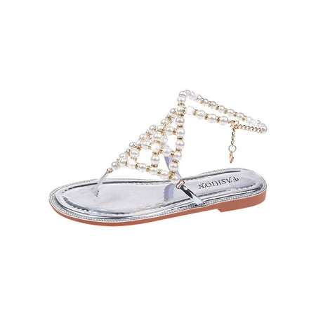 

Womens Sandals Clearance Light Easy To Wear And Take Off Sandals Everything Match Pearl Flats Beach Roman Shoes