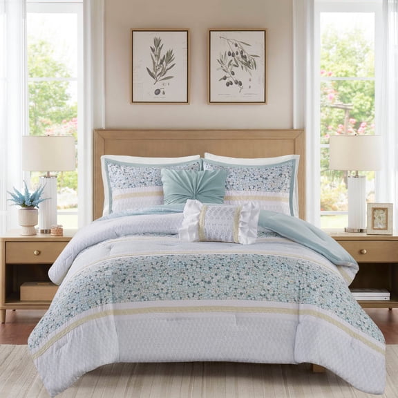 Madison Park Full/Queen Size 5 Piece Seersucker Comforter Set with Throw Pillows Aqua,Bed in a Bag,All Season Bed Set,Cozy and Lightweight