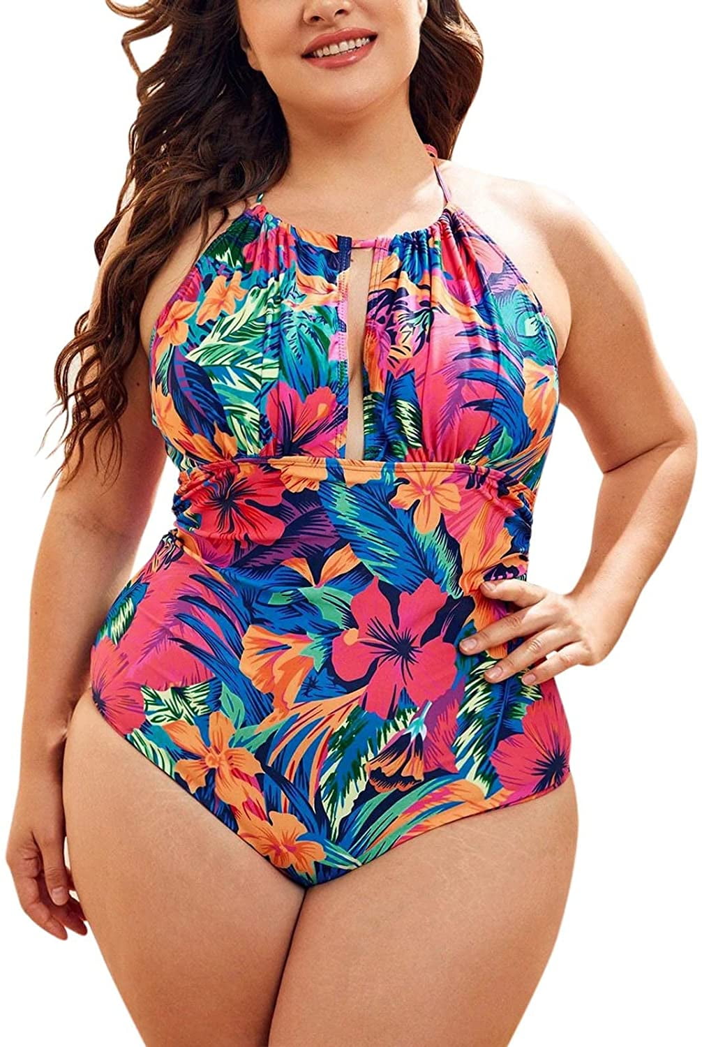 tropical print wrap halter one piece swimsuit