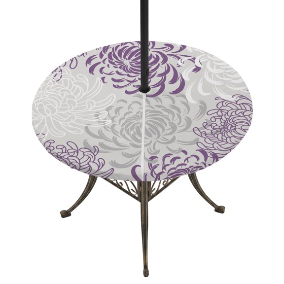 Purple Grey Chrysanthemum Round Outdoor Tablecloth with Umbrella Hole Zipper, Farmhouse Botanical Floral Modern Elastic Fitted Table Cover, Waterproof Table Cloth for Patio Picnic Party Fits 36"-44"