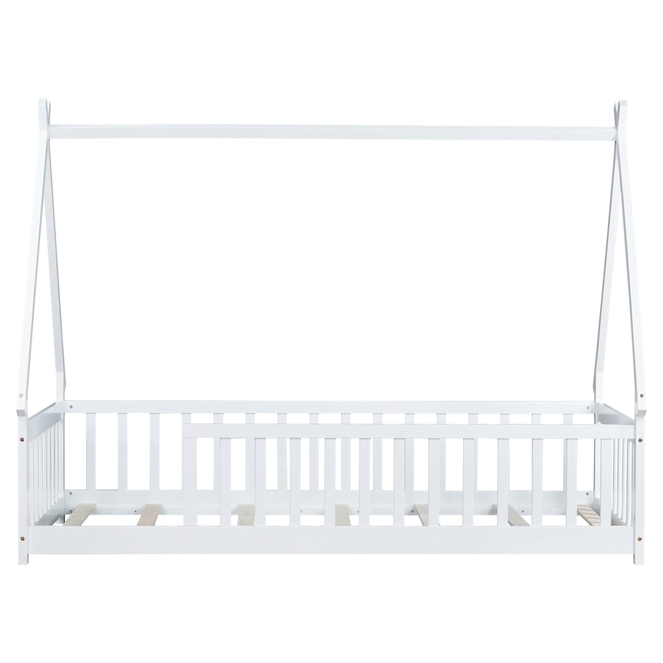 Noble House Misty Twin Teepee Floor Bed with Safety Fence, Solid Rubber Wood Tent Bed, Kid's Room, White