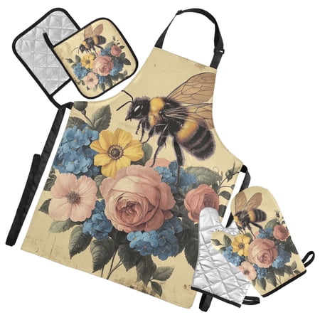 Vintage Bees and Flowers Oven Mitts and Pot Holders with Chef Apron Set 5 Pcs Kitchen Cooking Set