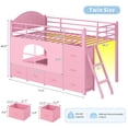thumbnail image 2 of Low Loft Bed Twin Size with Upholsterd Headboard and 8 Storage Drawers, Metal Loft Twin Bed Frame with LED Lights, Under-Bed Play Area, Play Curtain, Safety Guardrail and Ladder, Pink, 2 of 10