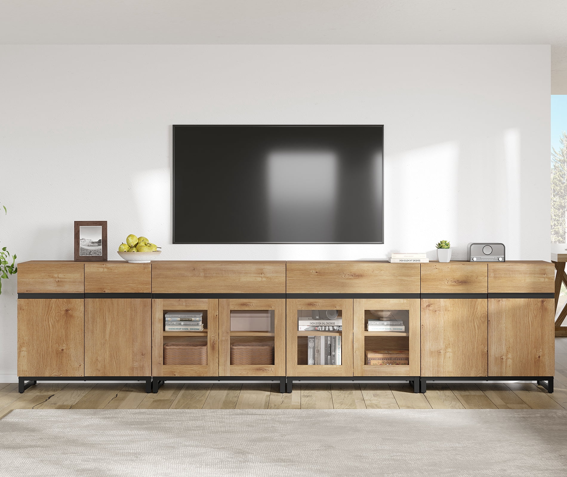 Modern TV Stand For Tvs Up To 120 Inches, 4 In 1 TV Console With Glass Doors And 2 Drawers, Media Console With Adjustable Shelf For Living Room,Oak