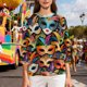 thumbnail image 4 of Xuyuer Mardi Gras Printed Shirt - Ladies' 3/4 Sleeve Crewneck Top for Festival Celebrations, Carnival Themed Parties, Vibrant Holiday Seasonal Fashion & Eye-Catching Parade Ready Apparel, 4 of 9
