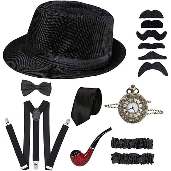 ZYVintage Men'S 1920S Parts Set, Retro Style Bow Tie Pocket Watch, Hat Garters, Beard 20S Costume Party-1008