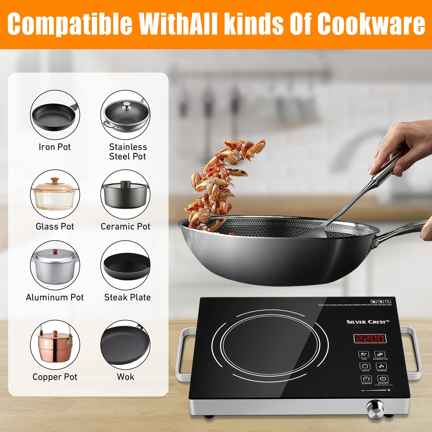 Cikuci Electric Hot Plate Infrared Induction Cooktop Stove, Countertop Burners 2200W Burner Ceramic Glass for Cooking, Overheat Protection