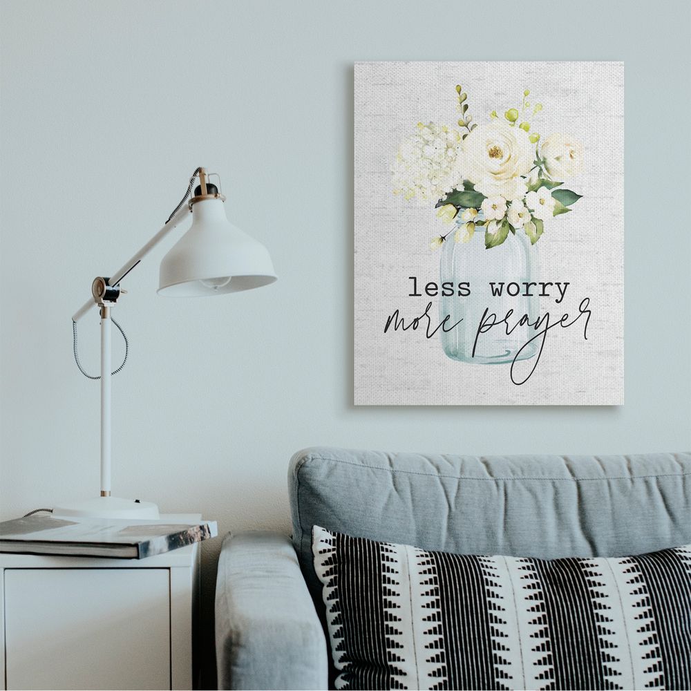 Stupell Industries Less Worry More Prayer Phrase Cottage Floral Bouquet Canvas Wall Art Design by Lettered and Lined