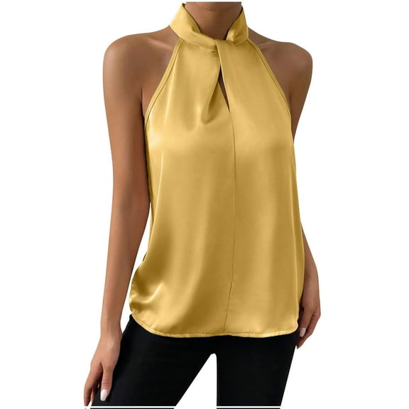 Trendy Satin Shirt Womens Twist Halter Neck Sleeveless Tank Top Party Going Out Elegant Blouses Solid Color (X-Large, Yellow)