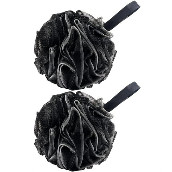 NOGIS 2 Pack Shower Puff Black Bath Sponge Shower Loofahs Pouf Ball Nature Bamboo Charcoal Mesh for Body Wash Bathroom Men Women, Durable Body Scrubber Exfoliator, Shower Essential Skin Care