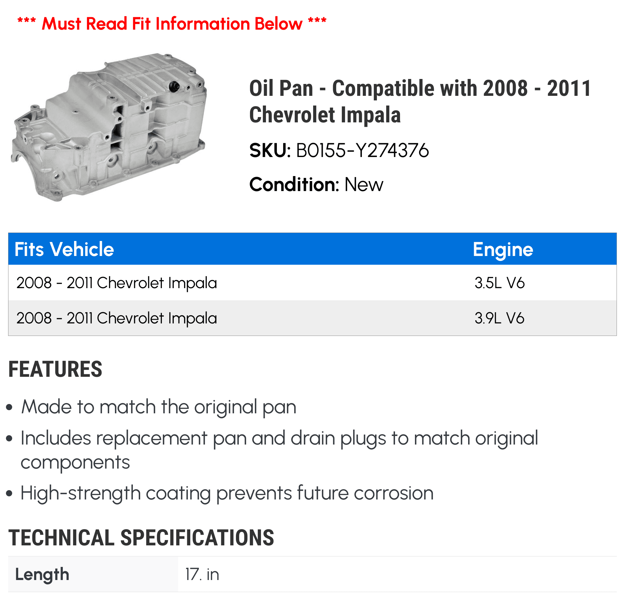 Oil Pan - Compatible with 2008 - 2011 Chevrolet Impala - Dorman