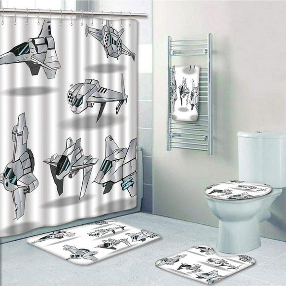 EREHome Futuristic Spaceships Rocket Discovery of Stars Planets Cosmonaut 5 Piece Bathroom Set Shower Curtain Bath Towel Bath Rug Contour Mat and Toilet Lid Cover