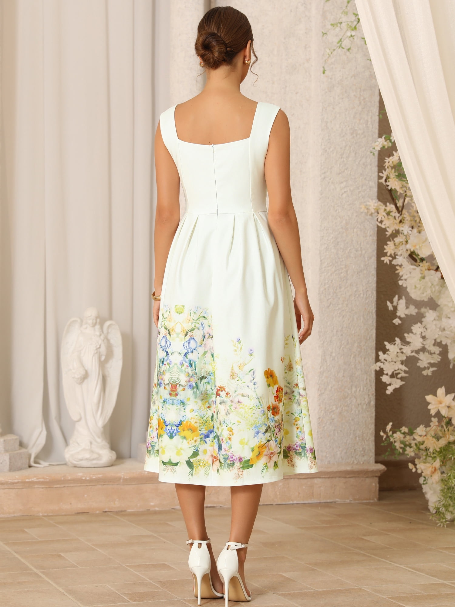 DARING DIVA Women's Vintage Sleeveless Regular Square Neck Midi Floral Dresses M Beige