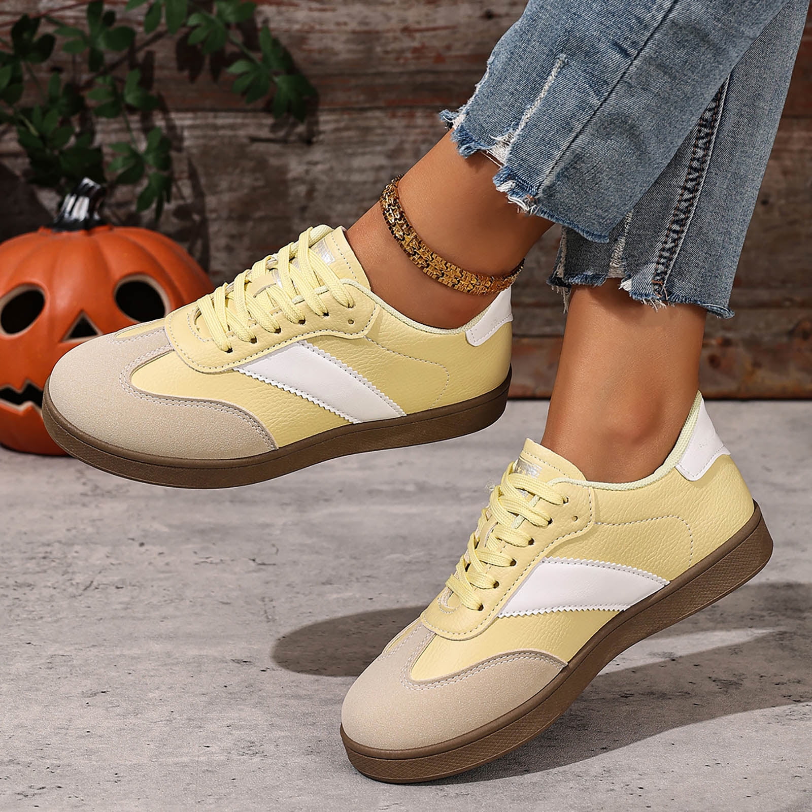 Womens Skate Shoes Comfy Arch Support Tennis Walking Shoes Fashion Color Block Lace up Nonslip Trainers Sneakers Yellow Size 7