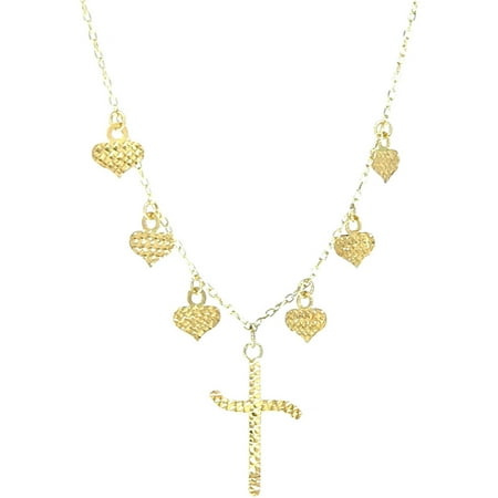 American Designs Jewelry 14kt Yellow Gold Diamond-Cut Dangling Heart and Cross Religious Love Necklace, 18 Chain